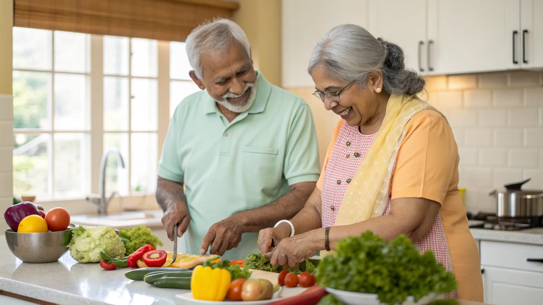 Elderly couple preparing heart-healthy meal together