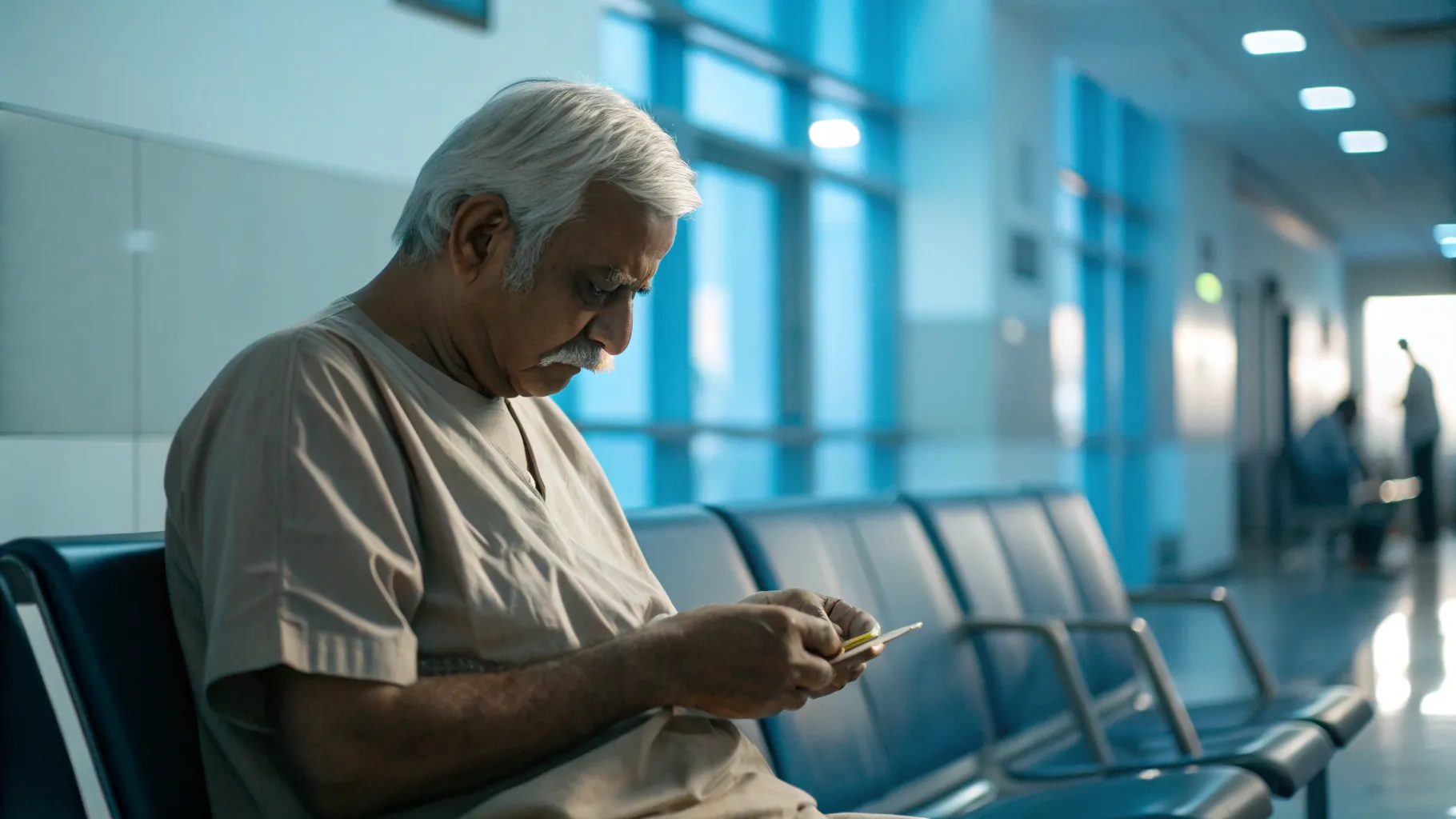 Elderly man in hospital waiting room contemplating before procedure