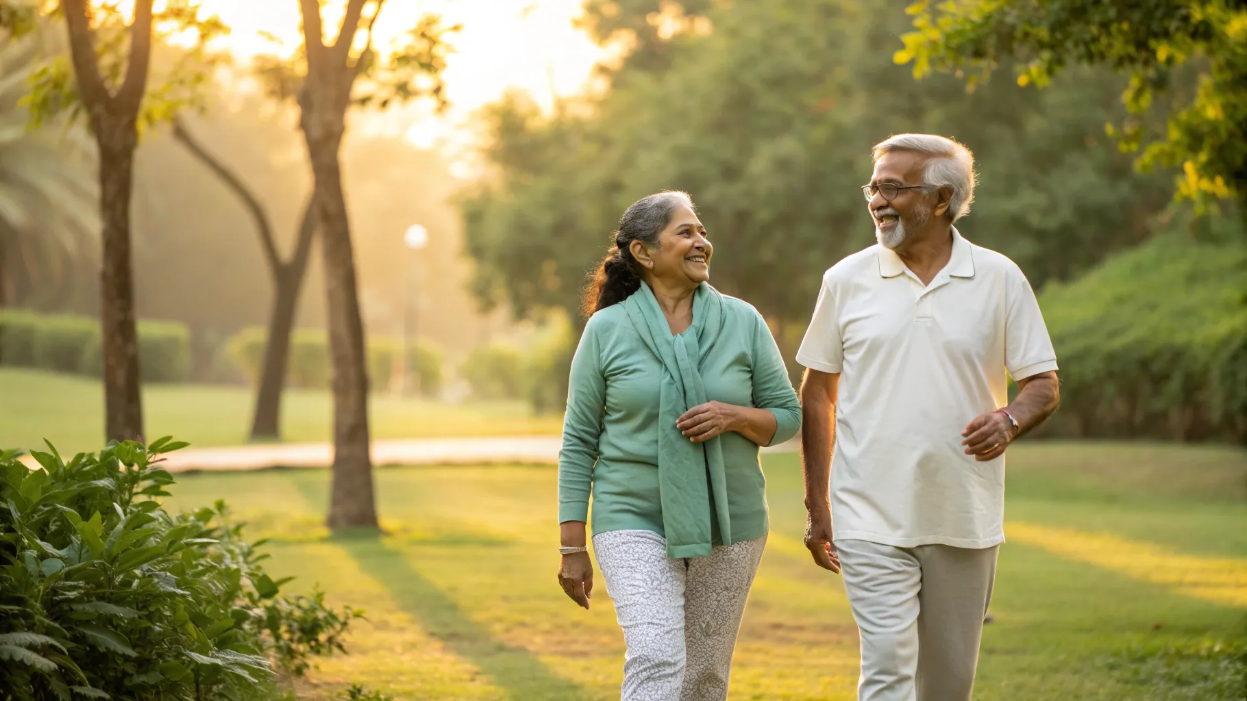 Happy senior couple walking in park