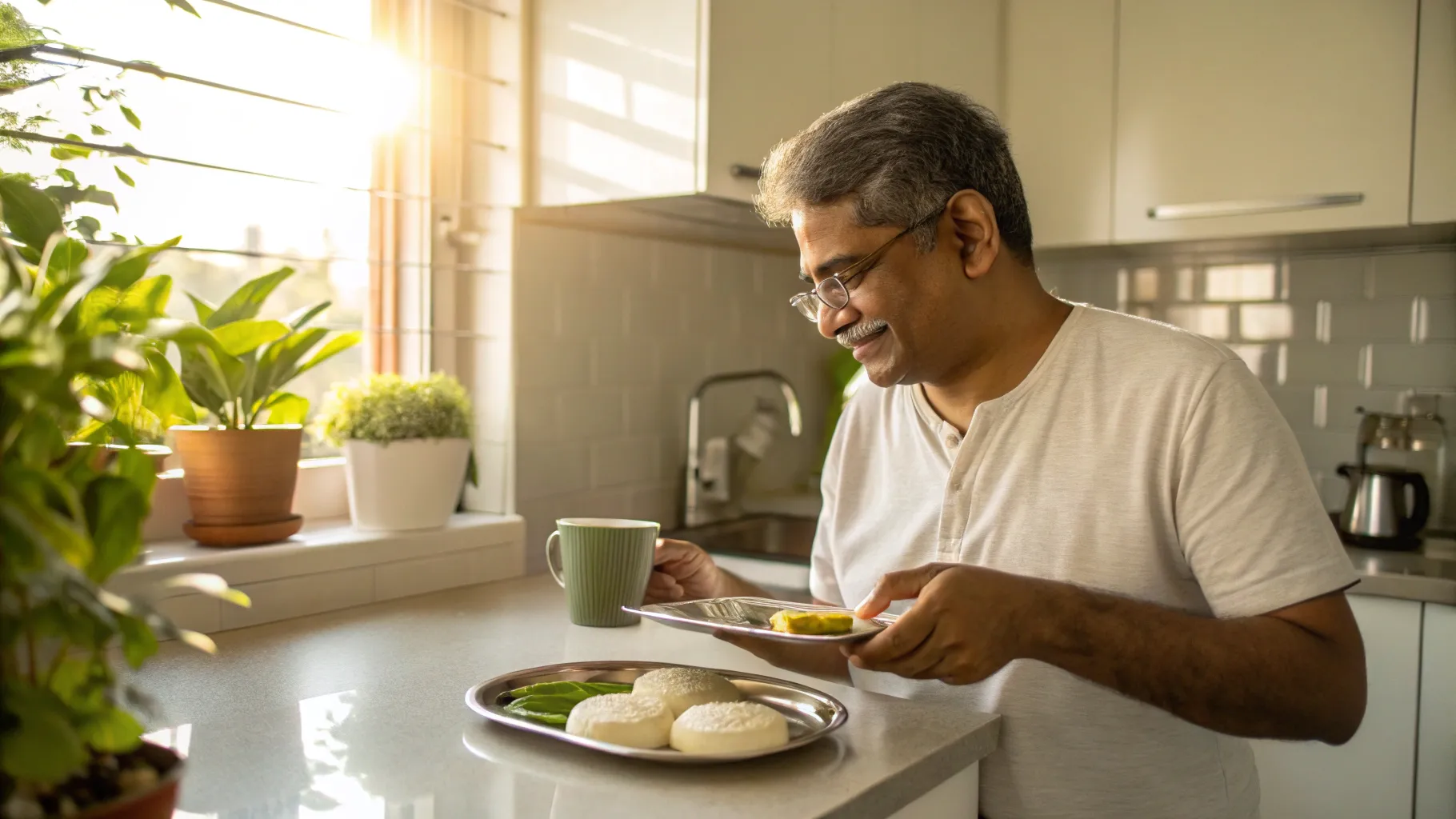 Man enjoying healthy South Indian breakfast in sunny kitchen