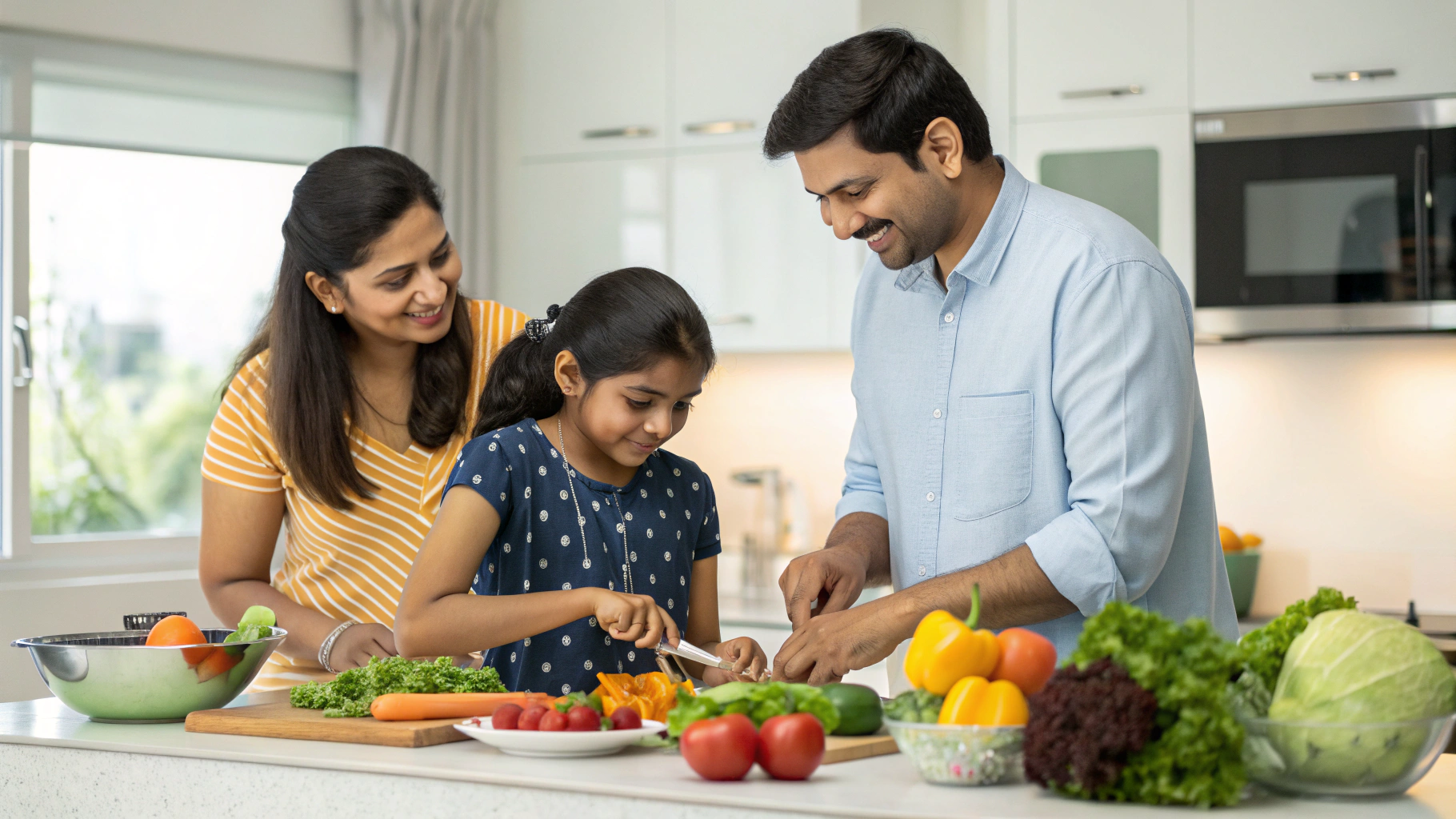 Family preparing healthy heart-friendly meal together