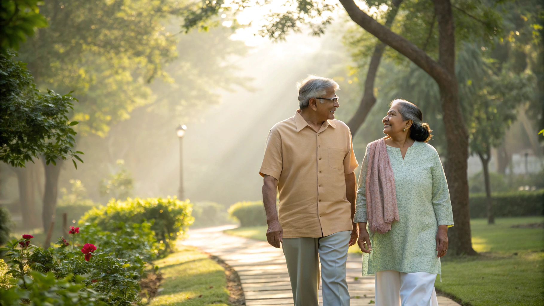 Elderly couple walking together in garden, enjoying active life