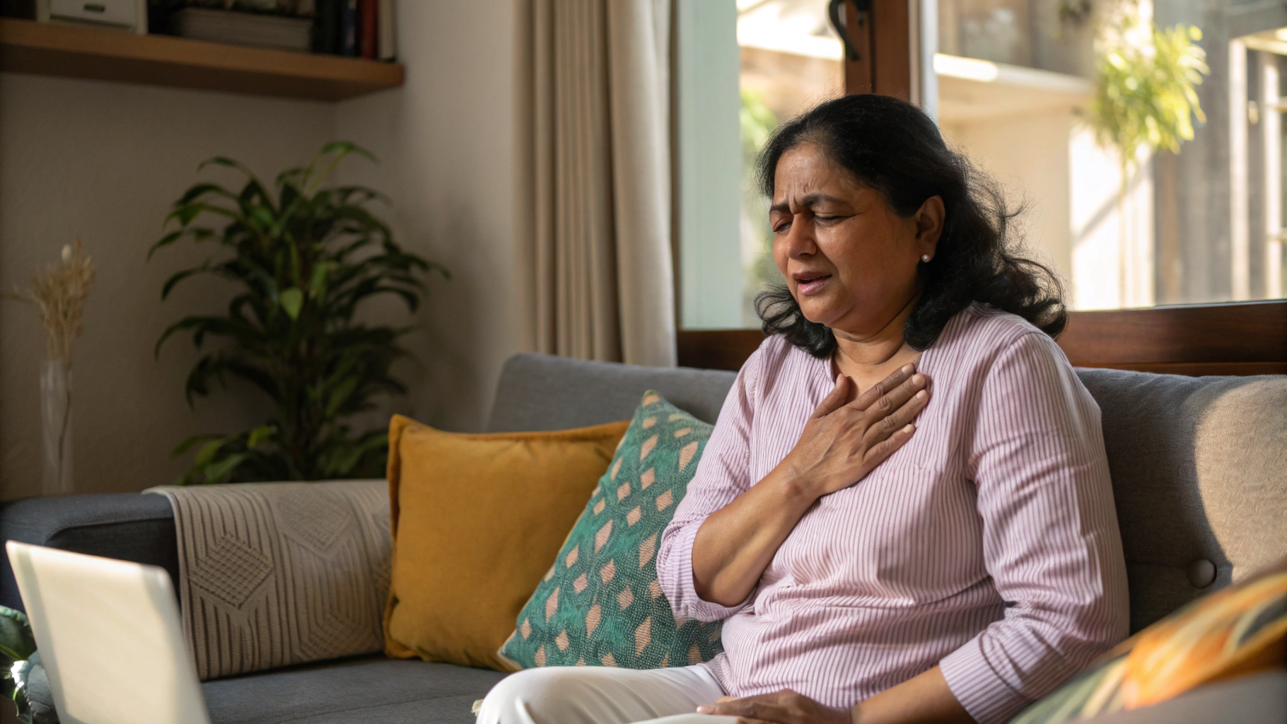 Woman experiencing heart palpitations with hand on chest