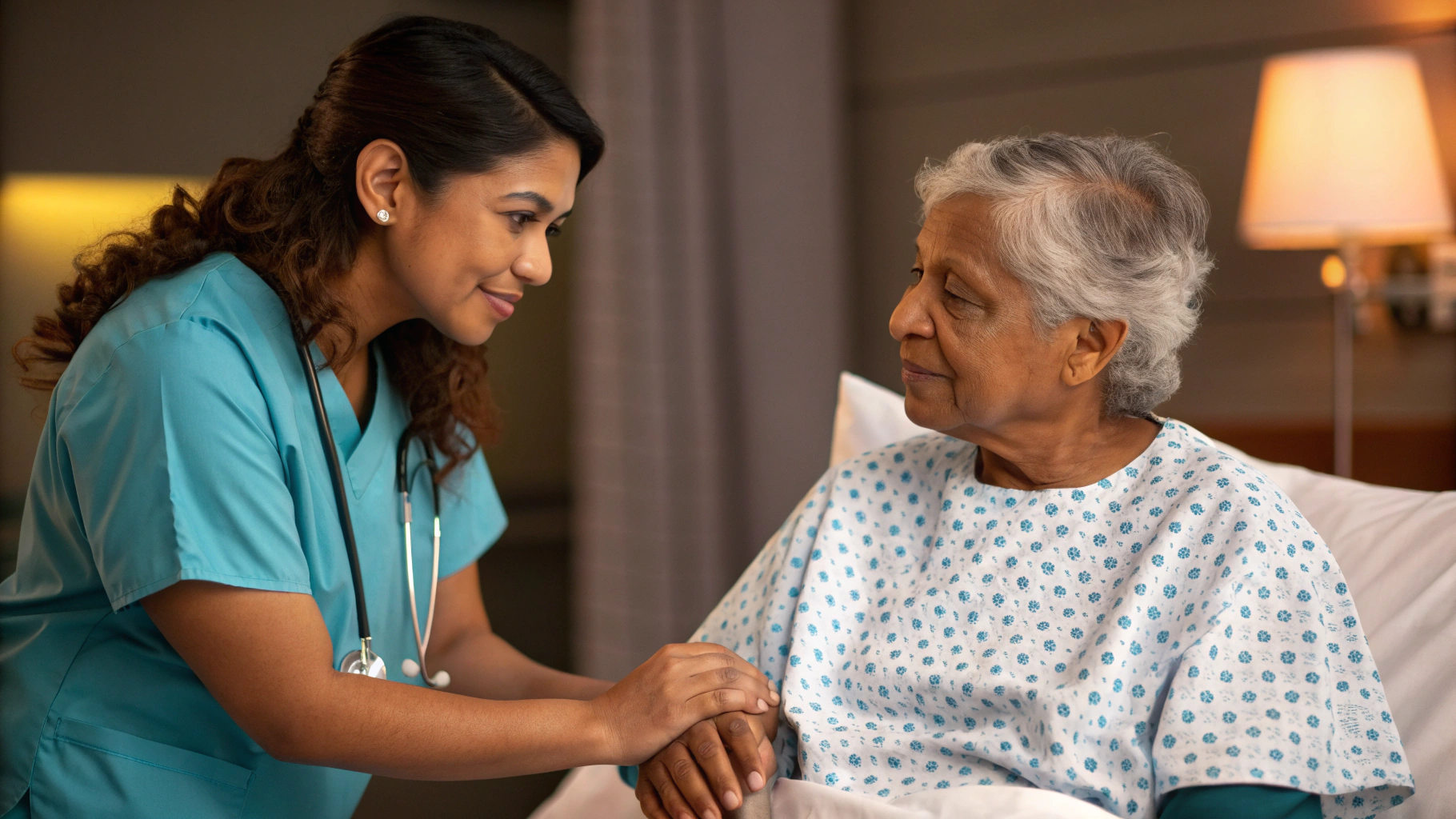Nurse providing compassionate care to patient before angiography procedure