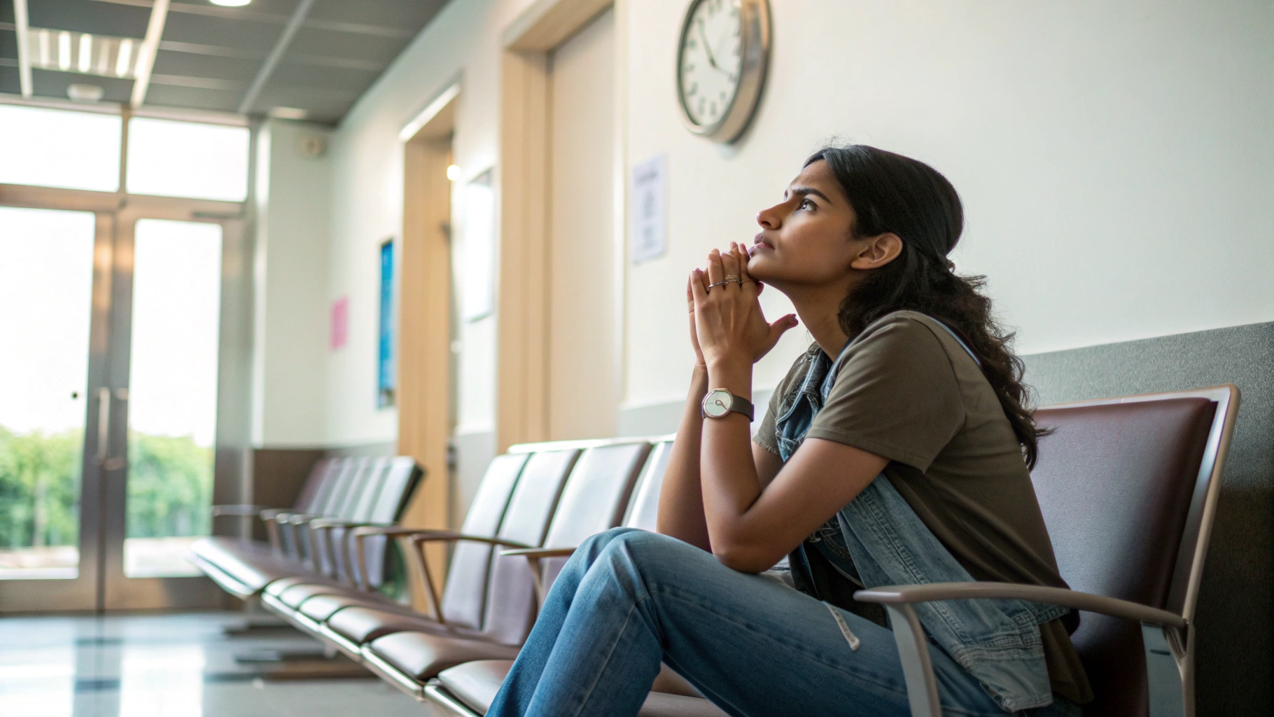 Family member waiting in hospital during loved one's angiography procedure