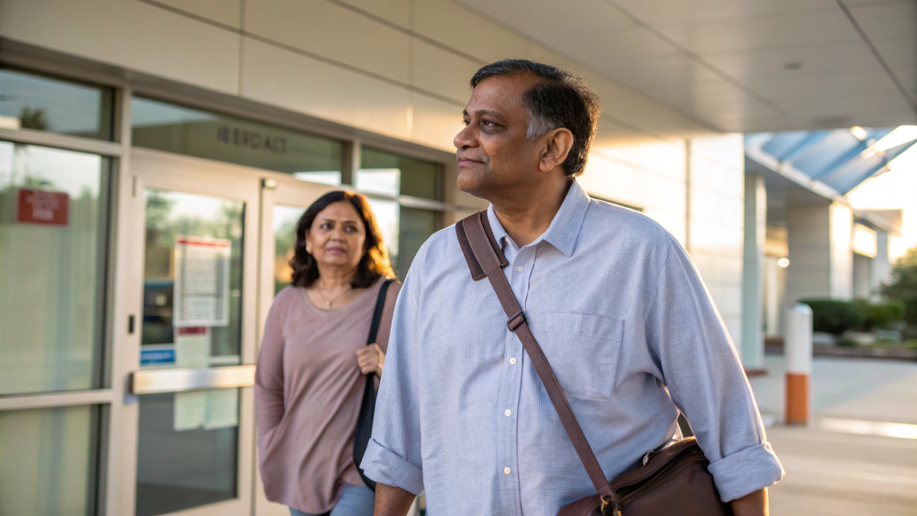Patient arriving at hospital for coronary angiography with supportive family member