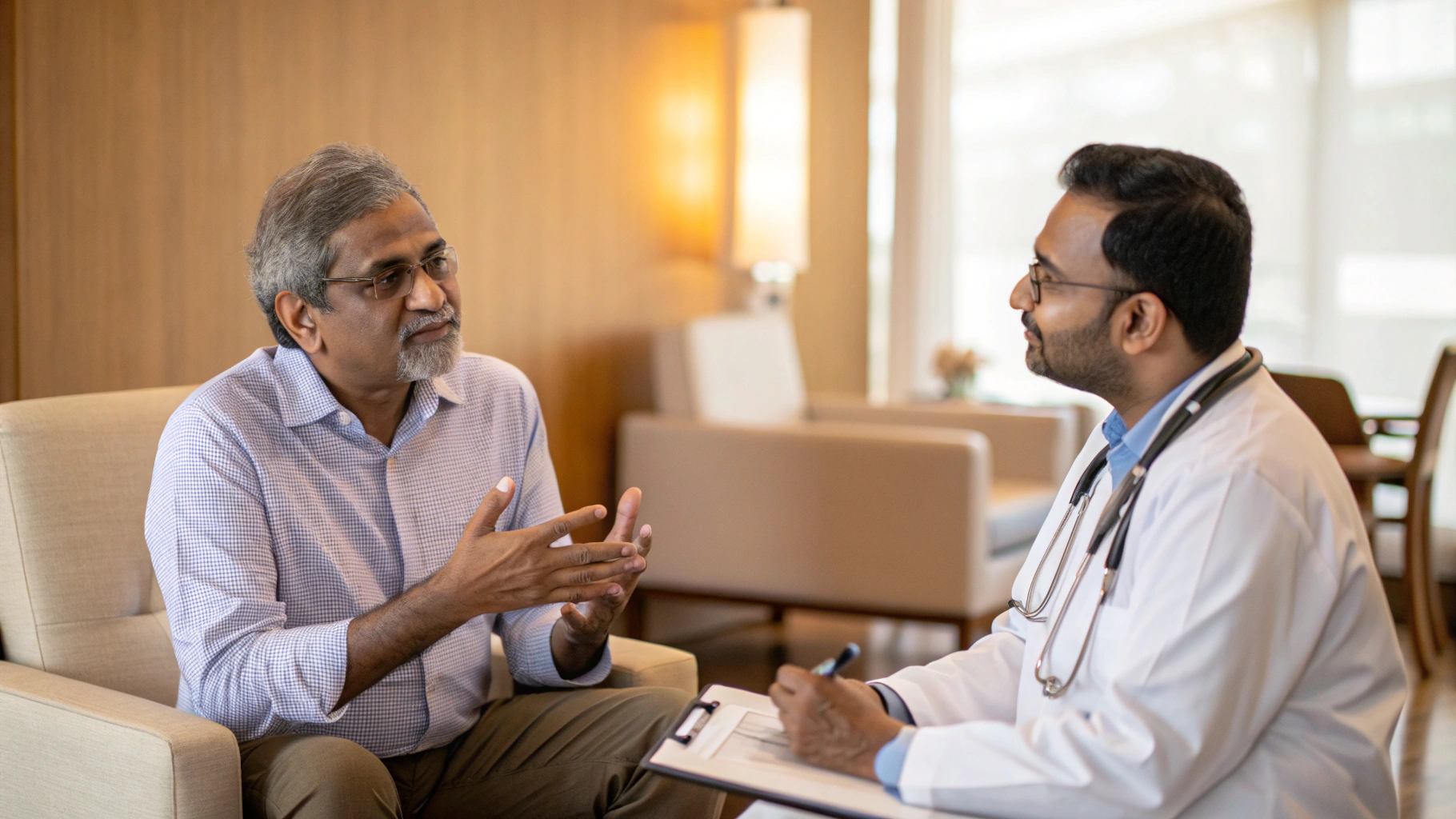 Cardiologist explaining bifurcation lesion treatment options to patient