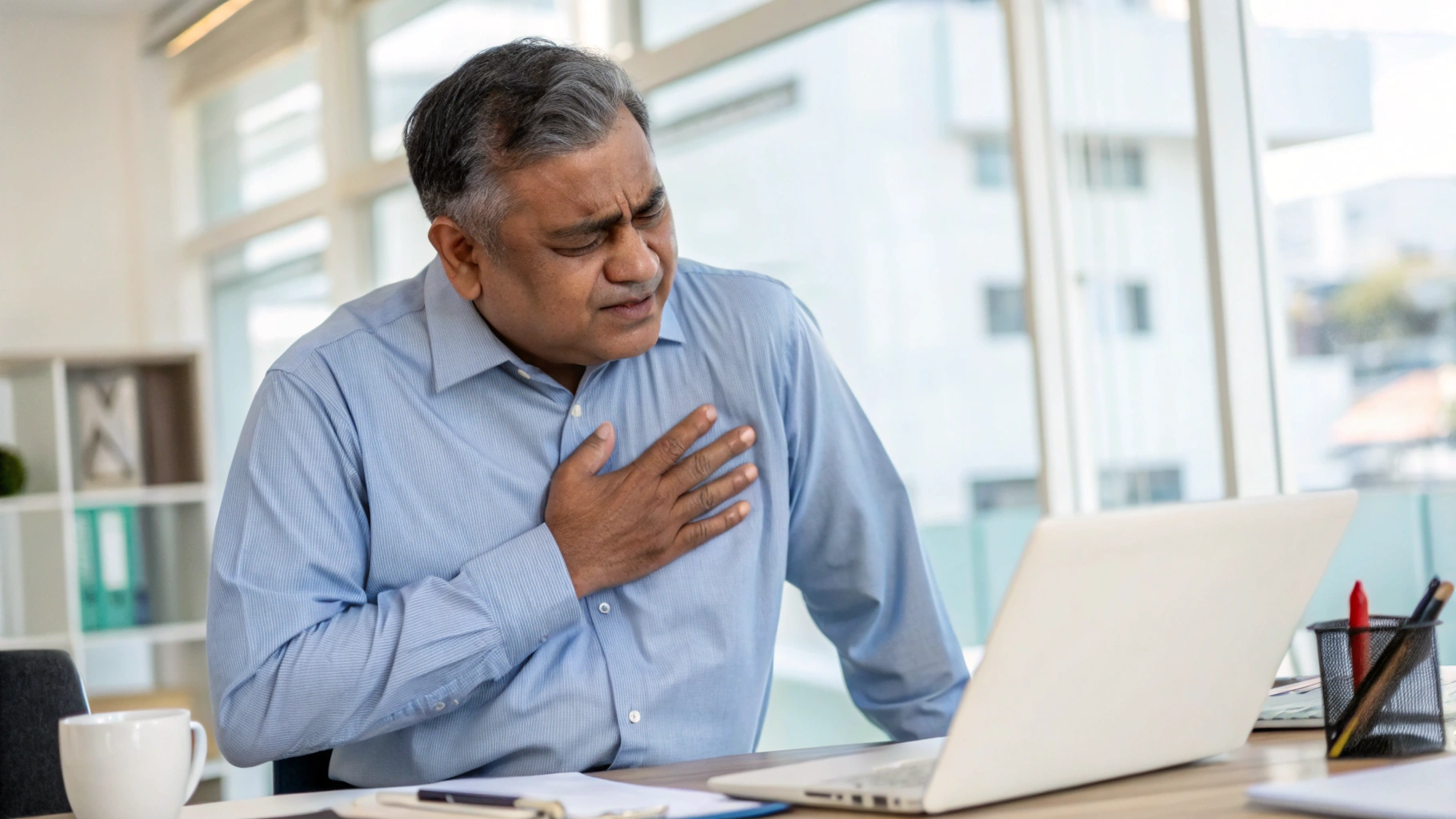 Middle-aged man experiencing chest discomfort at work
