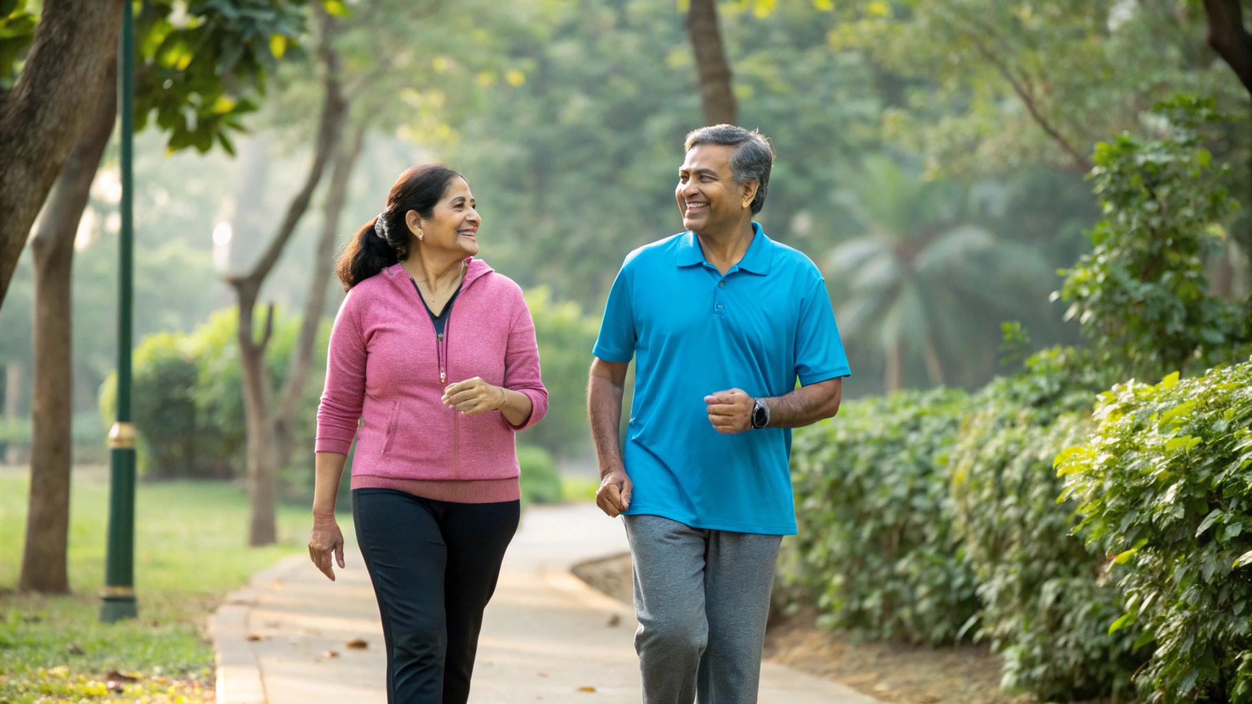 Happy couple walking together in park - heart healthy lifestyle