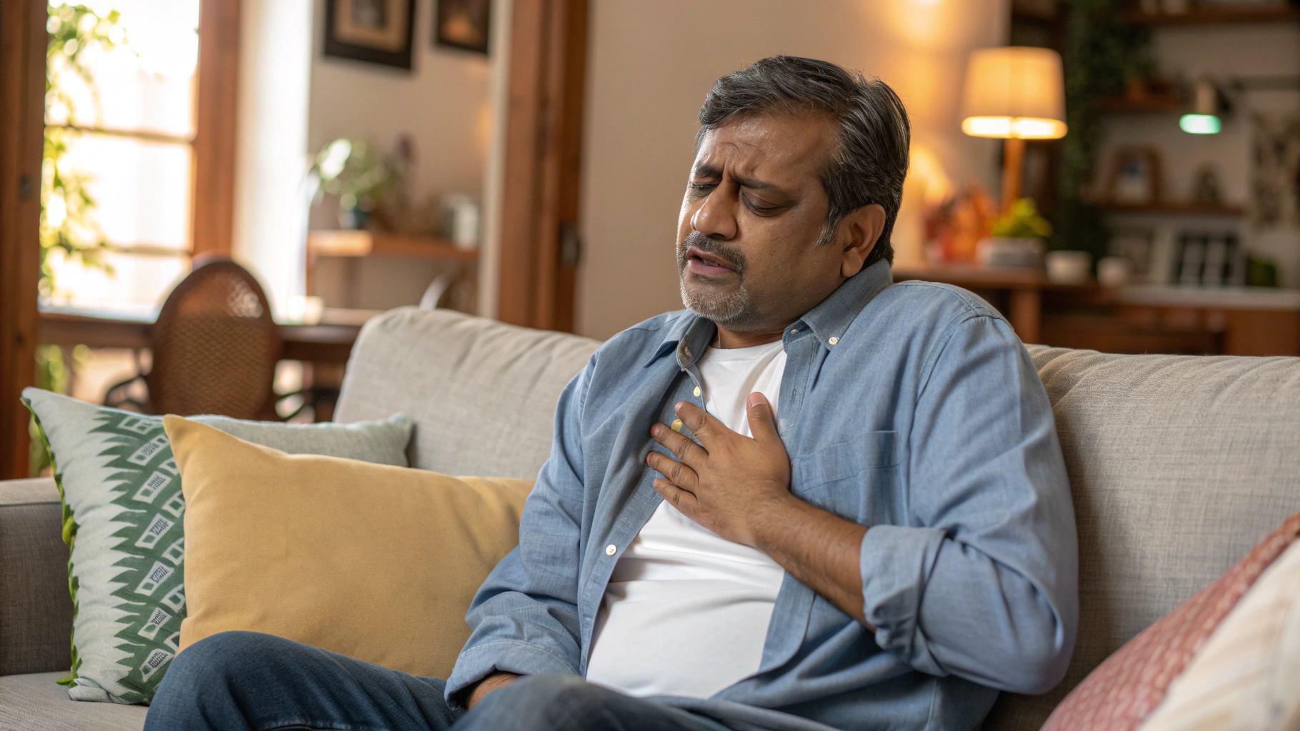 Man feeling tired and fatigued with hand on chest at home