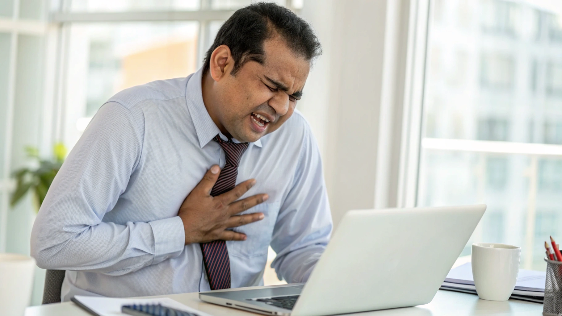 Man experiencing sudden chest pain while breathing at work