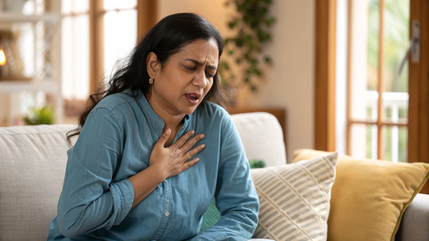 Woman experiencing sharp chest pain while breathing at home