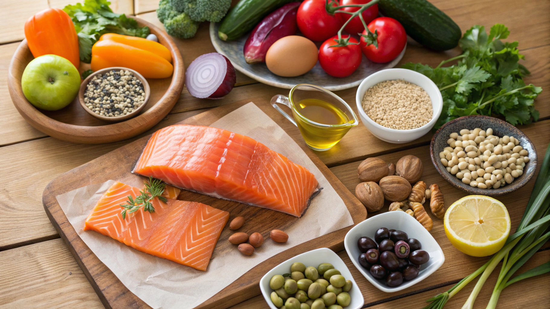 Heart-healthy Mediterranean diet spread with salmon, vegetables, olive oil, and nuts