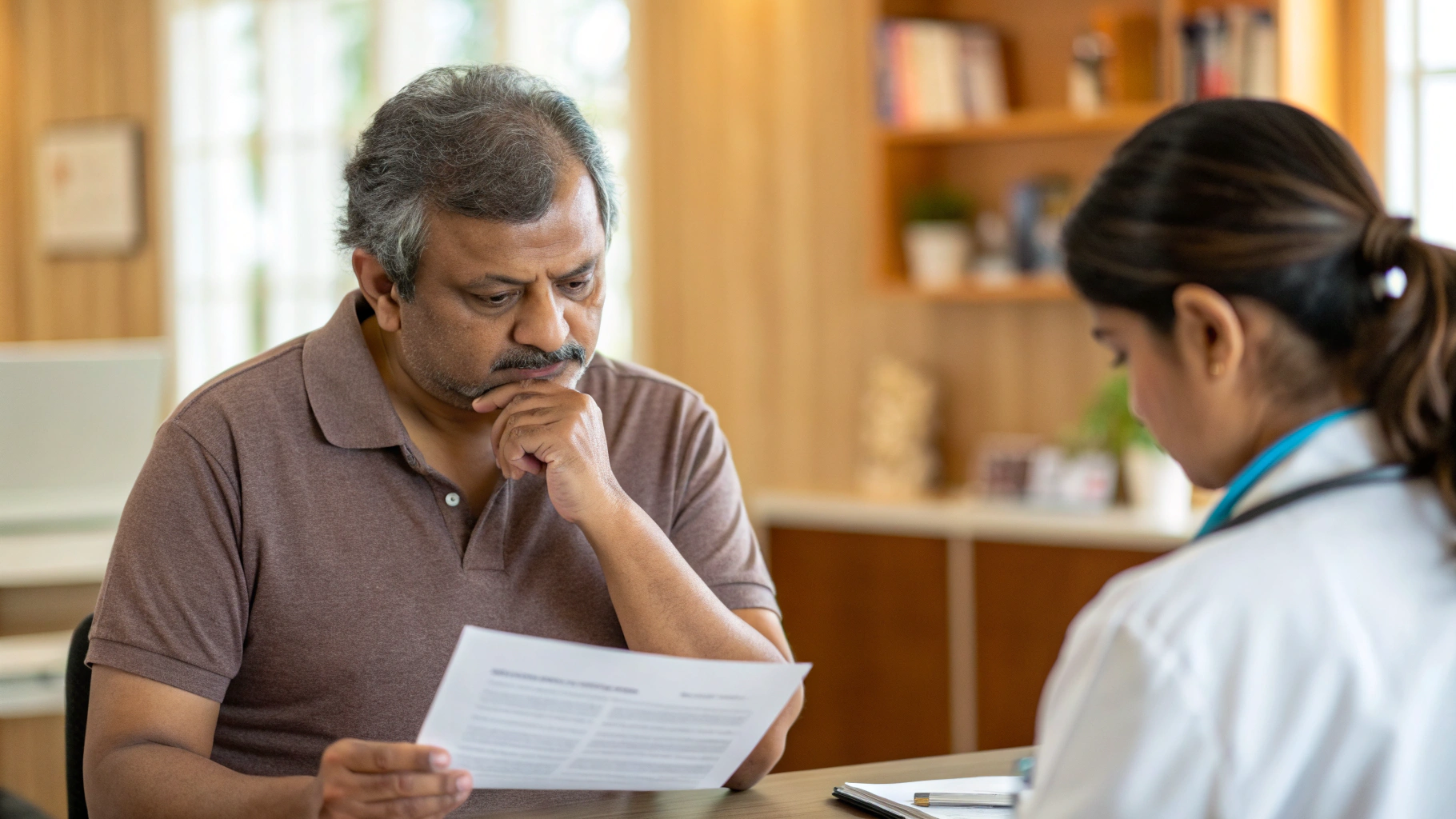 Patient reviewing health report with doctor, concerned about cholesterol levels