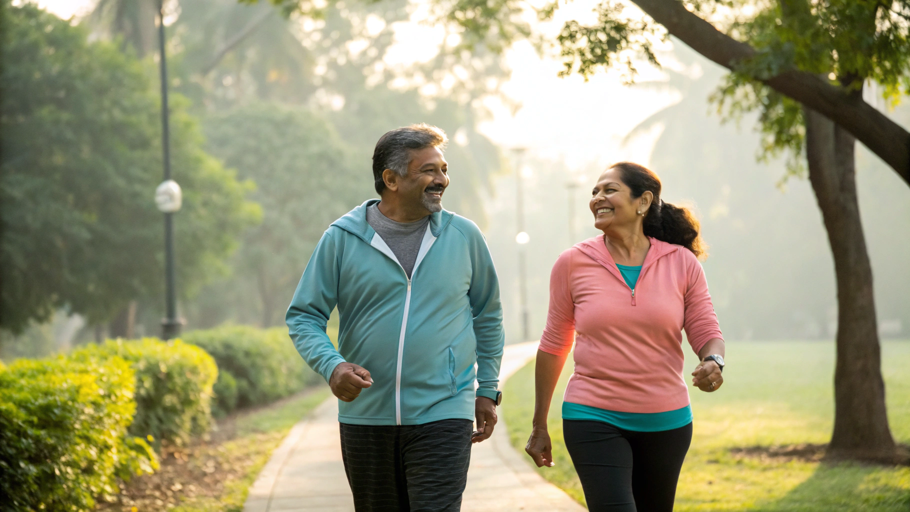Indian couple walking together in park, active healthy lifestyle