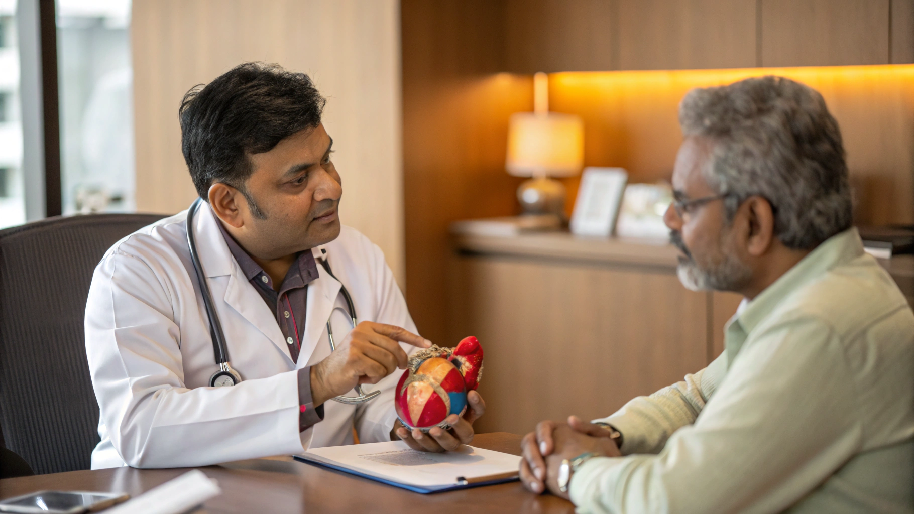 Cardiologist explaining CTO to patient using heart model