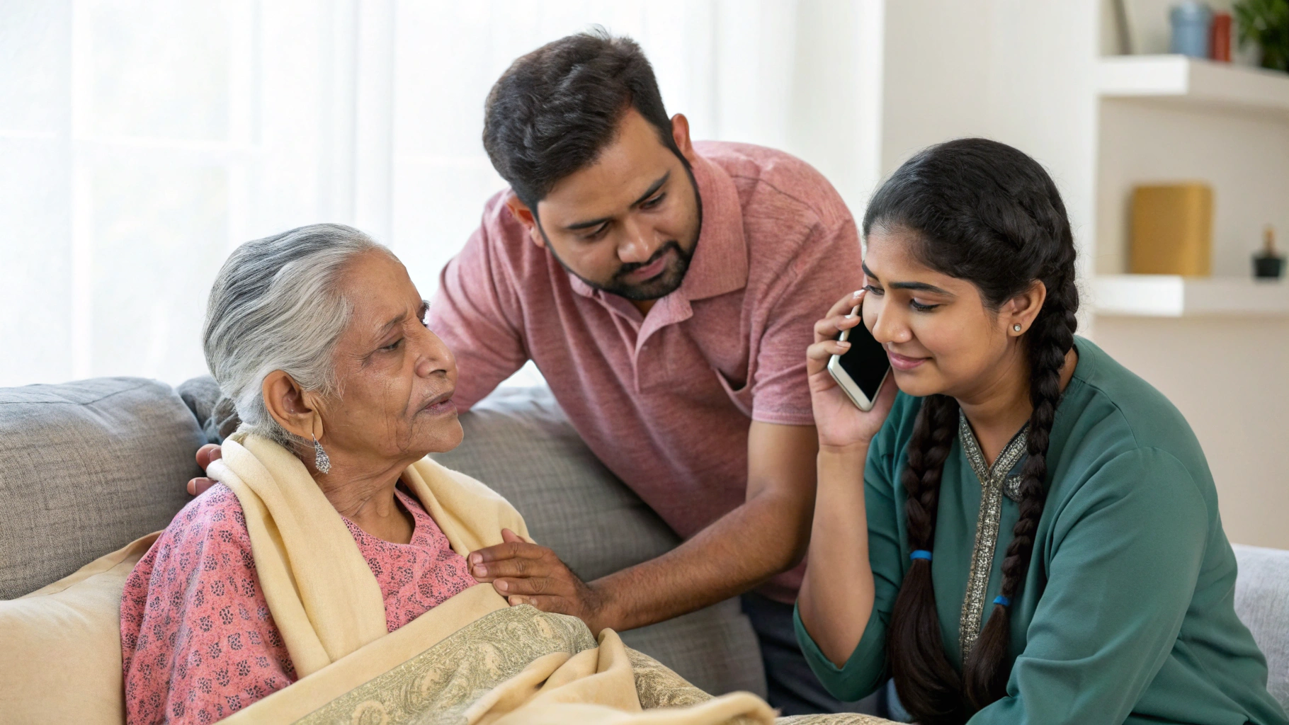 Family helping someone during heart attack emergency and calling for help