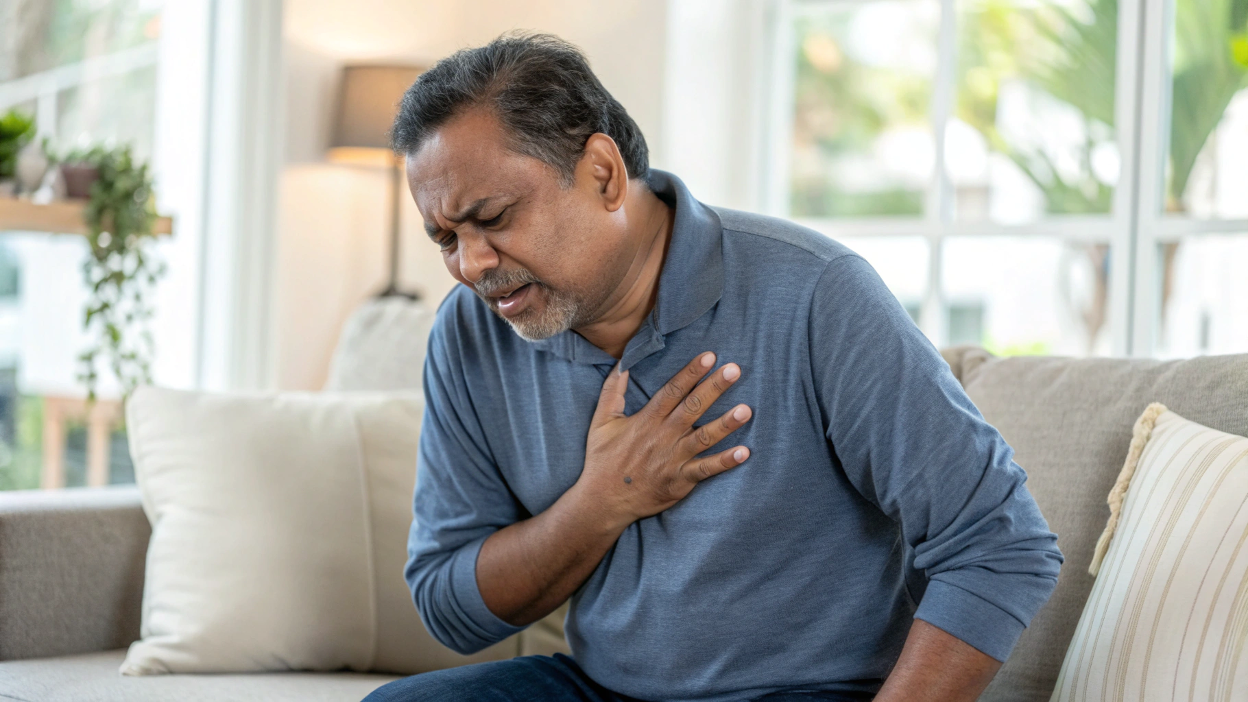 Man experiencing chest pain - heart attack warning sign