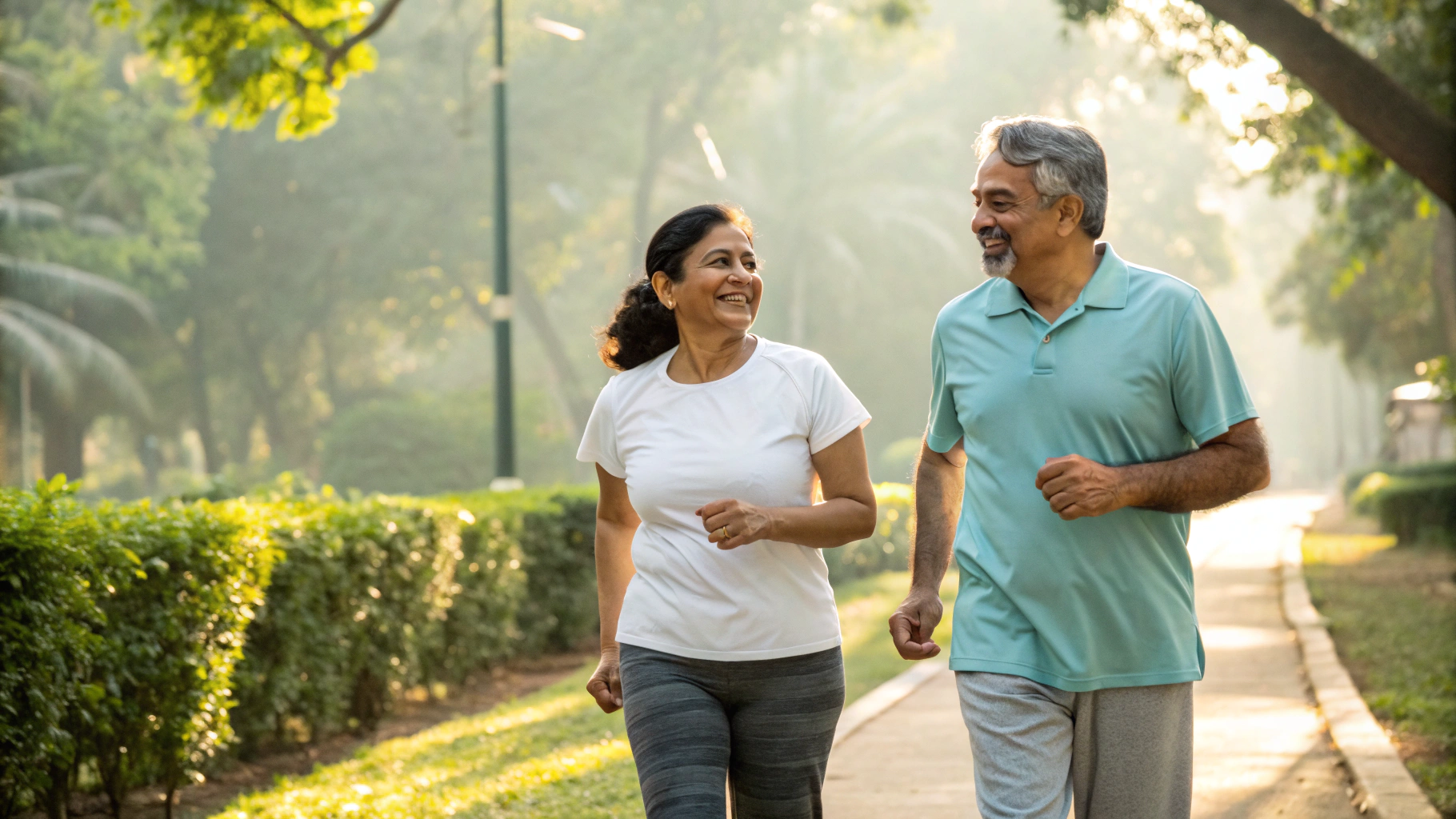 Healthy couple walking in park for heart health
