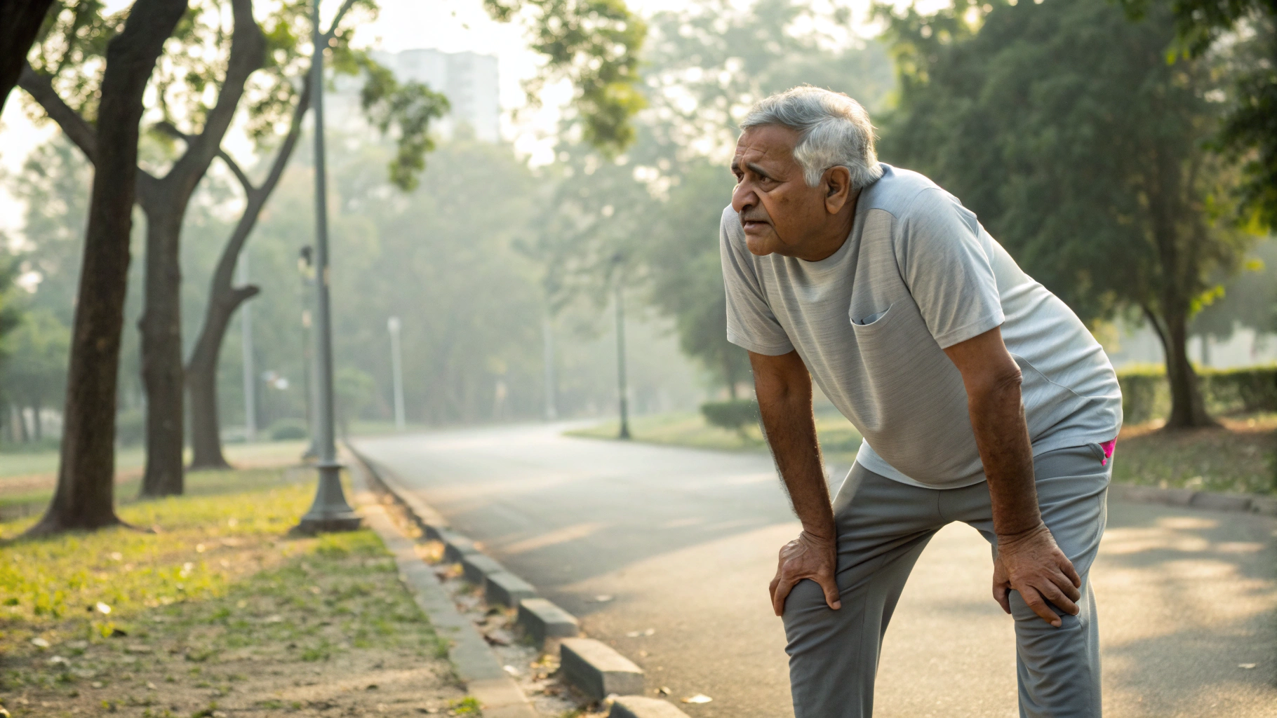Elderly man stopping during walk due to breathlessness, showing exercise intolerance