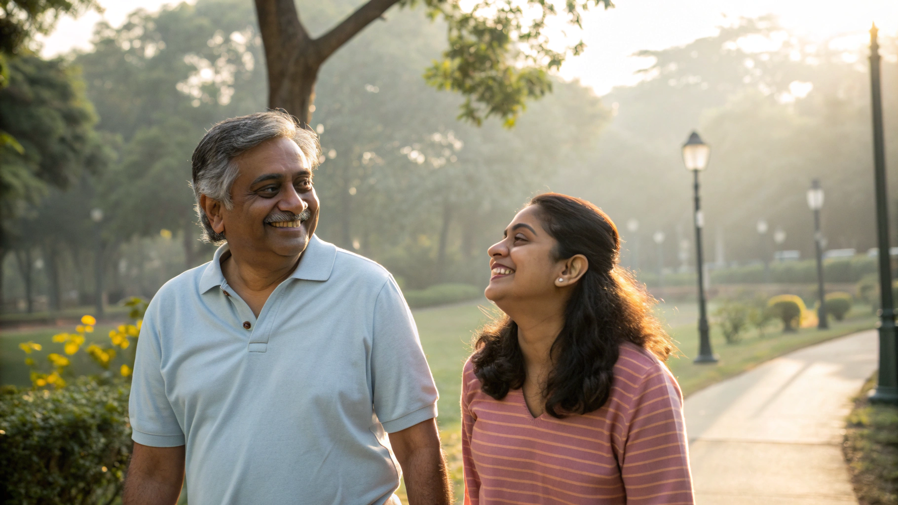 Father and daughter walking happily in park - recovery and hope