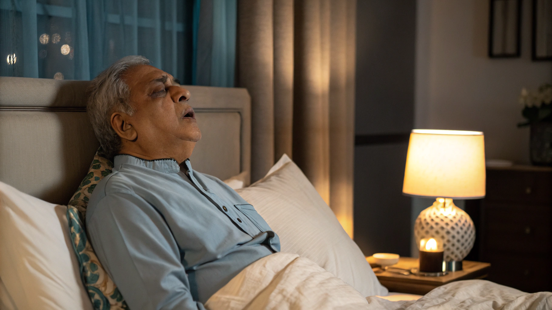 Elderly man propped up on pillows in bed at night, unable to lie flat due to breathlessness - orthopnea