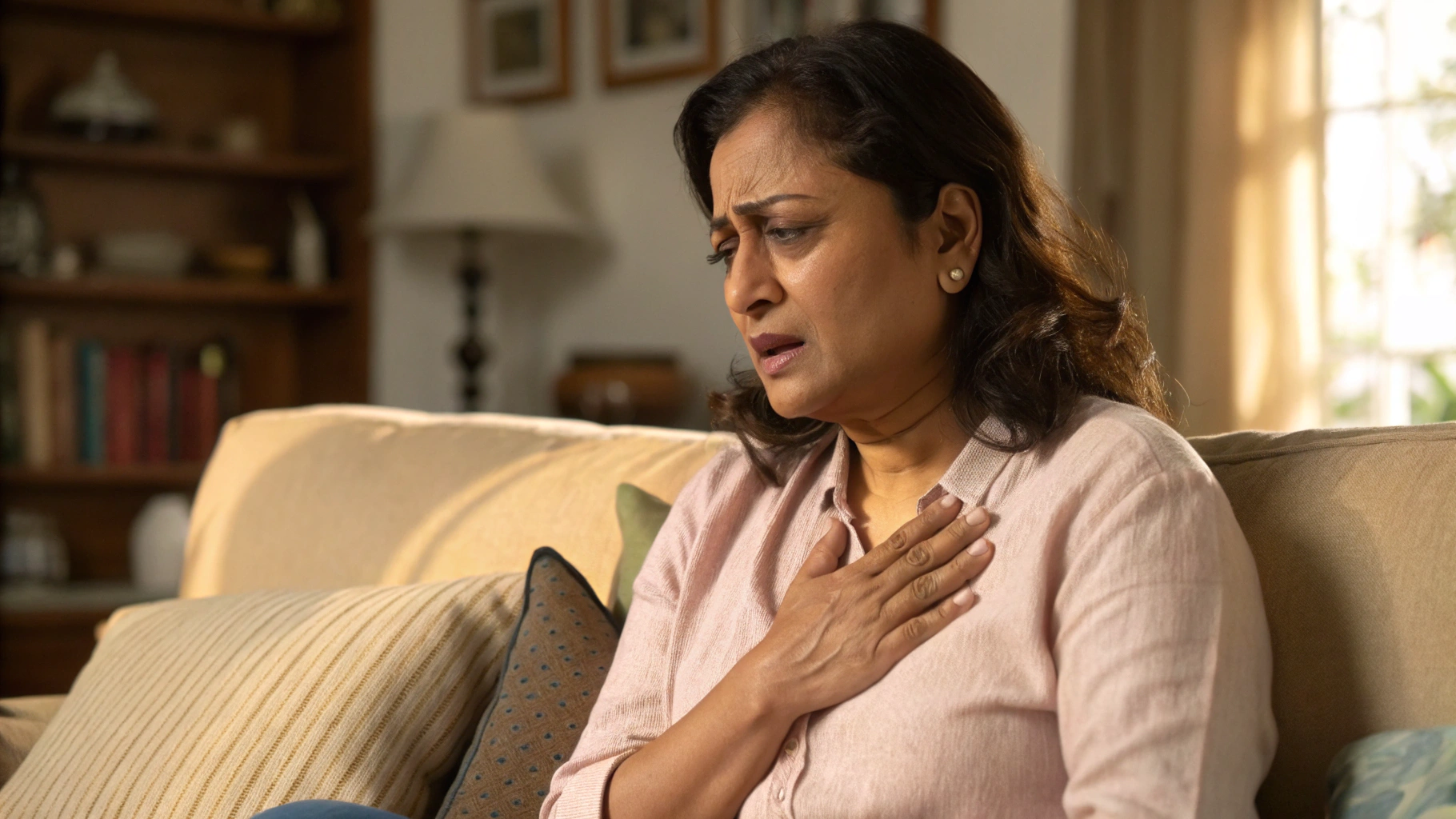 Woman experiencing heart palpitations at home