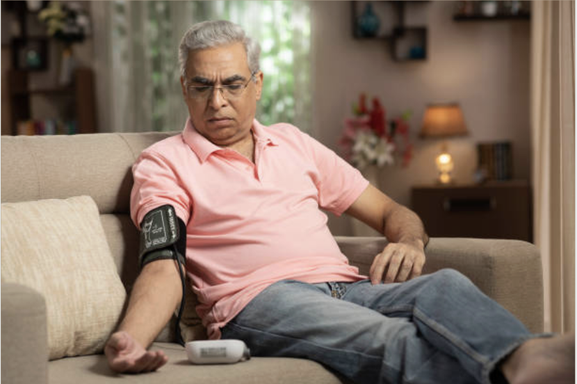 Indian man checking blood pressure at home with digital monitor