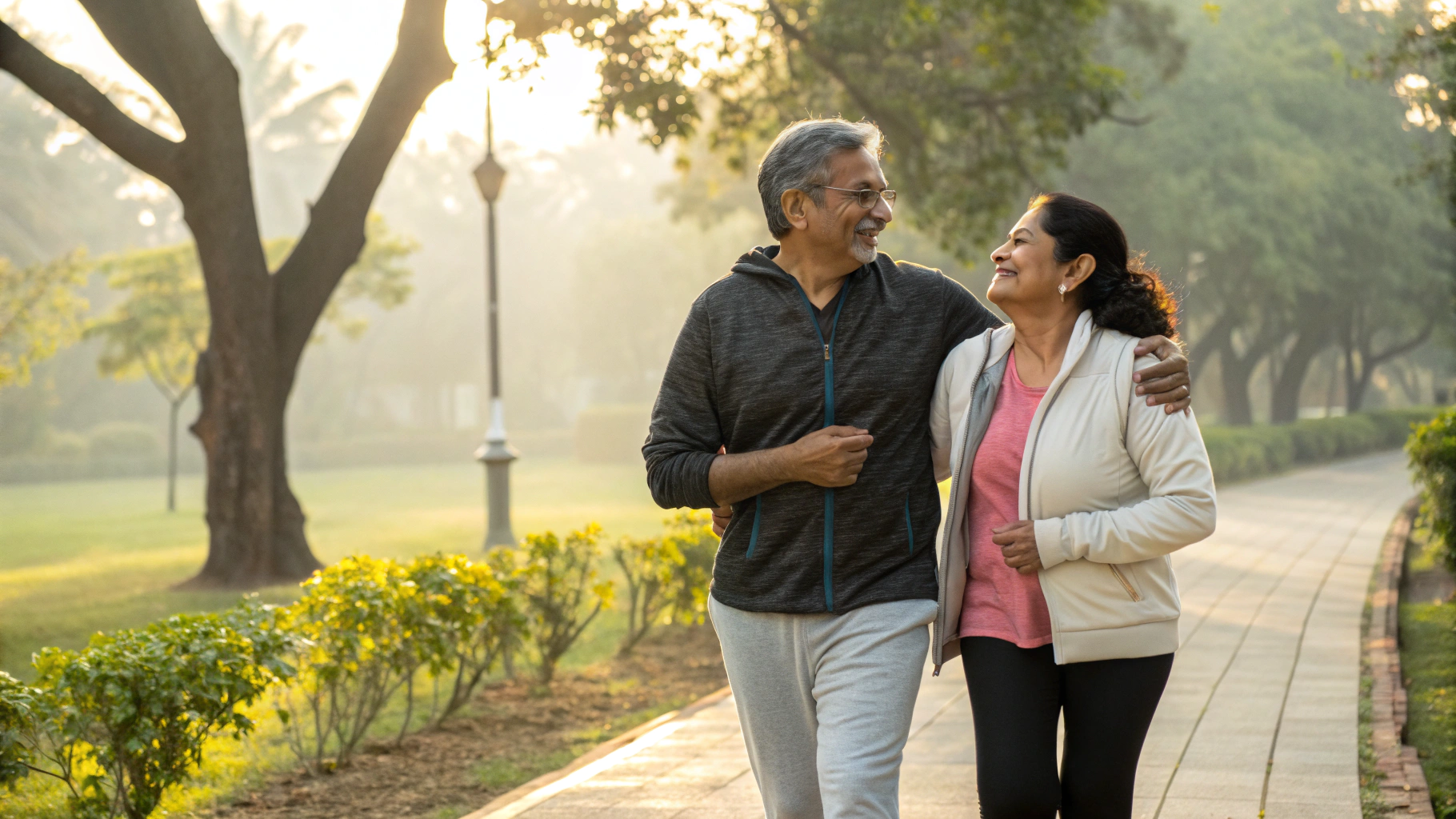 Couple walking in park at sunrise - healthy lifestyle for blood pressure control