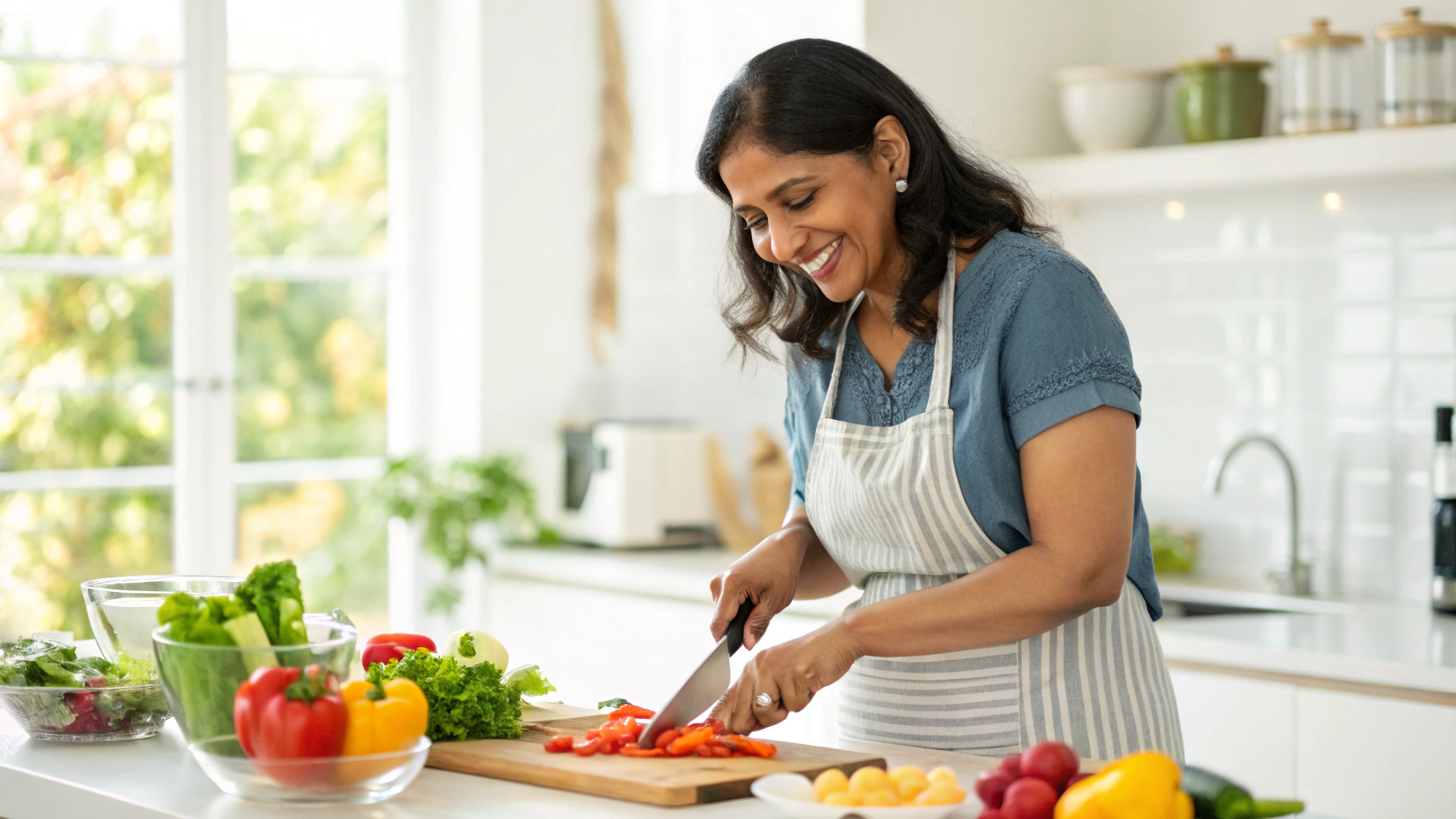 Indian woman happily cooking healthy food in her kitchen with fresh vegetables