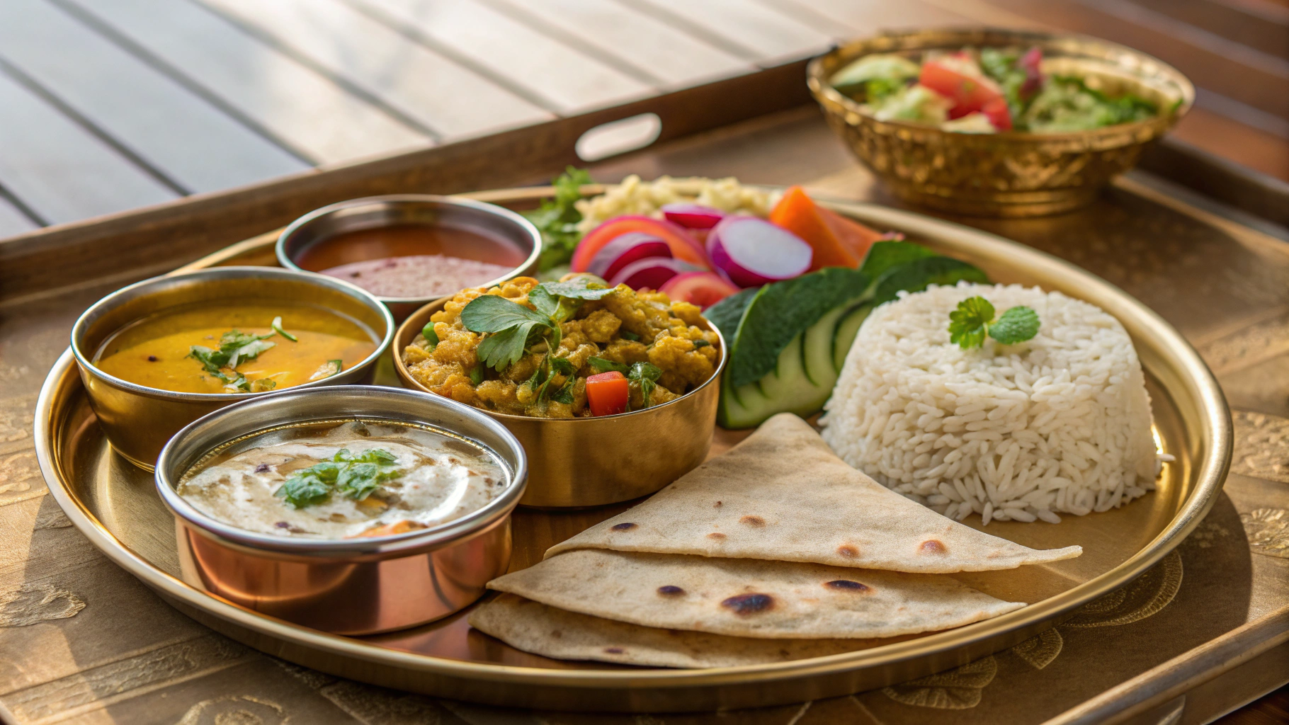 Colorful heart-healthy Indian thali with brown rice, dal, vegetables, salad, and whole wheat roti