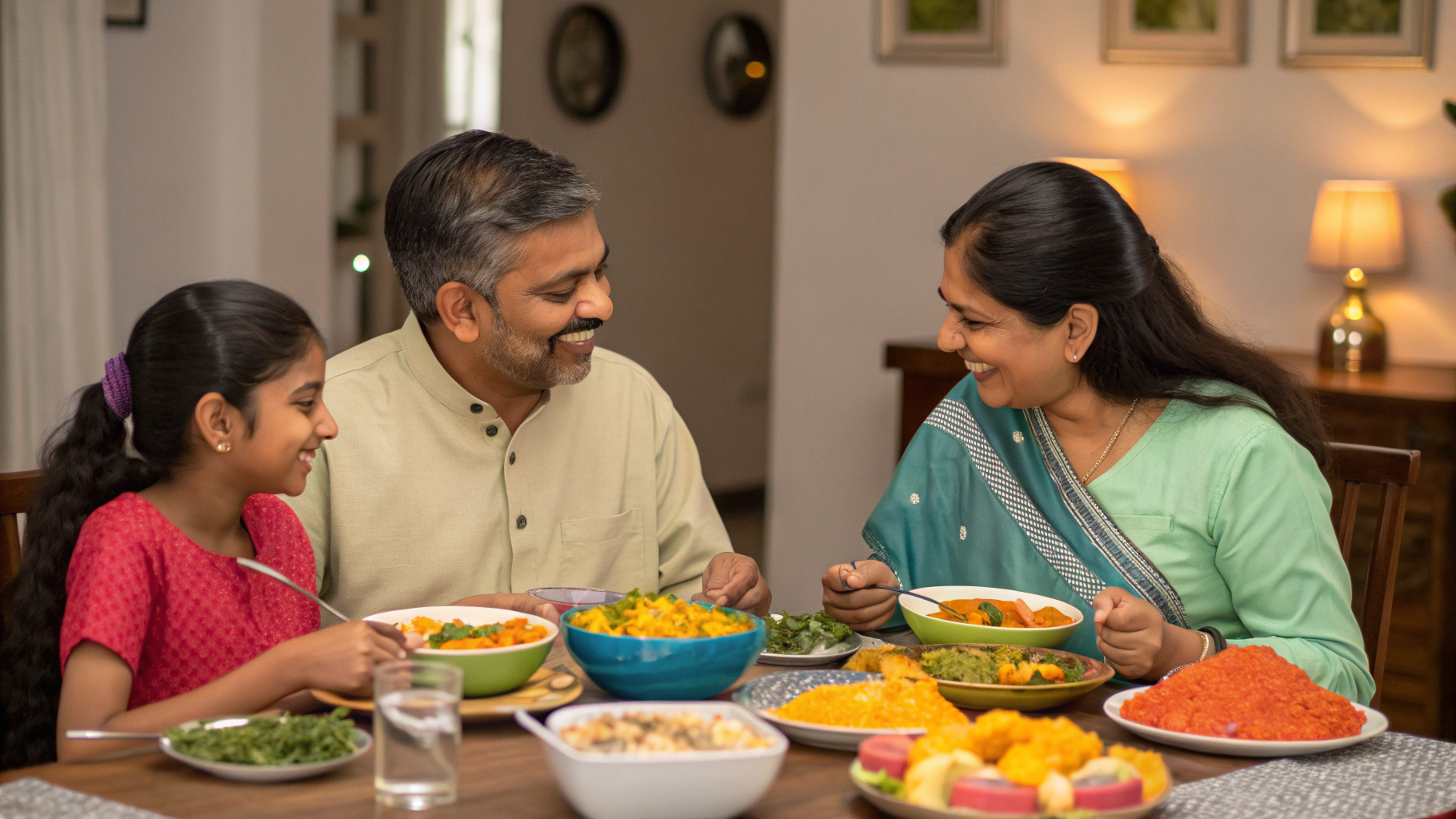Indian family enjoying a heart-healthy dinner together at home