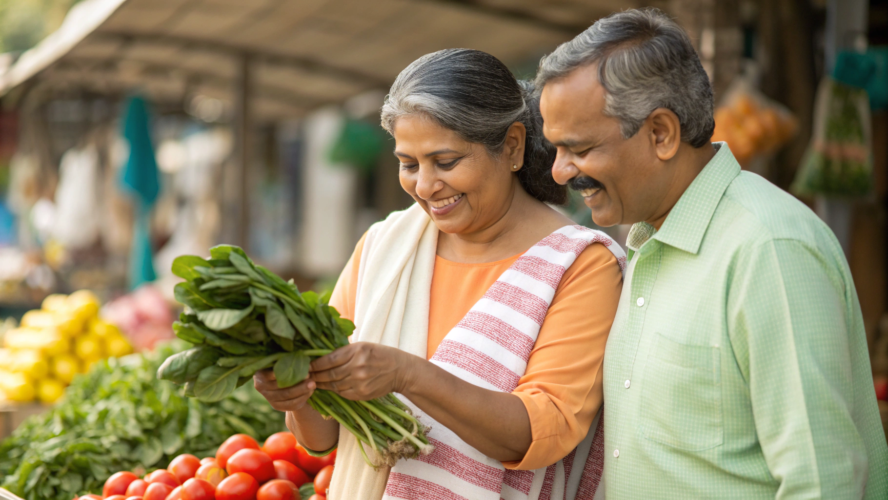 Indian couple shopping for fresh vegetables at a market