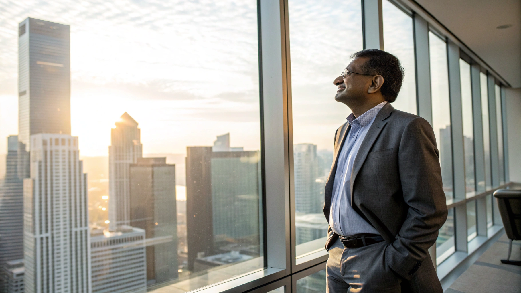 Professional man looking confidently out office window - life after getting clear answers