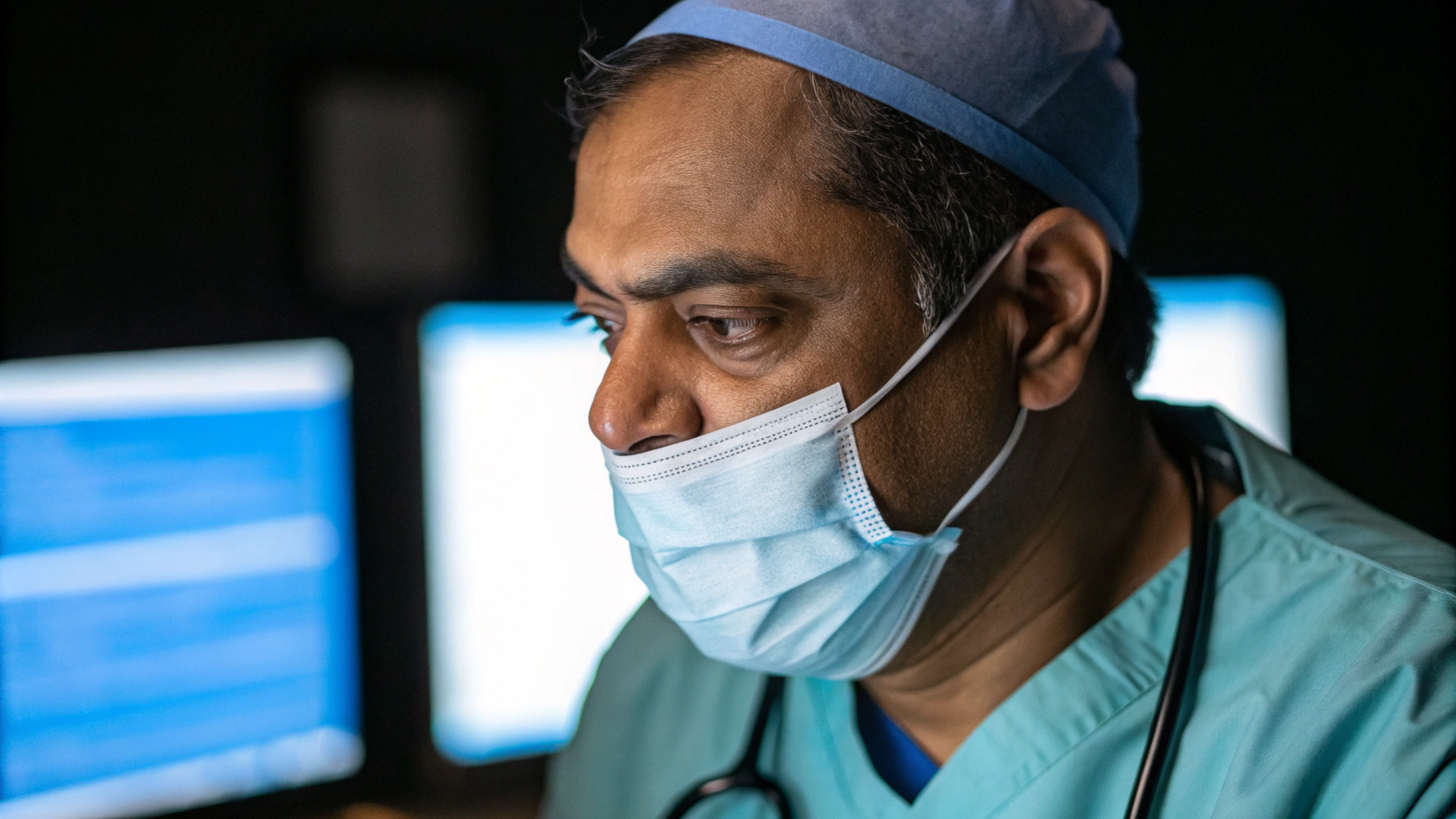 Cardiologist focused on IVUS monitors in cath lab