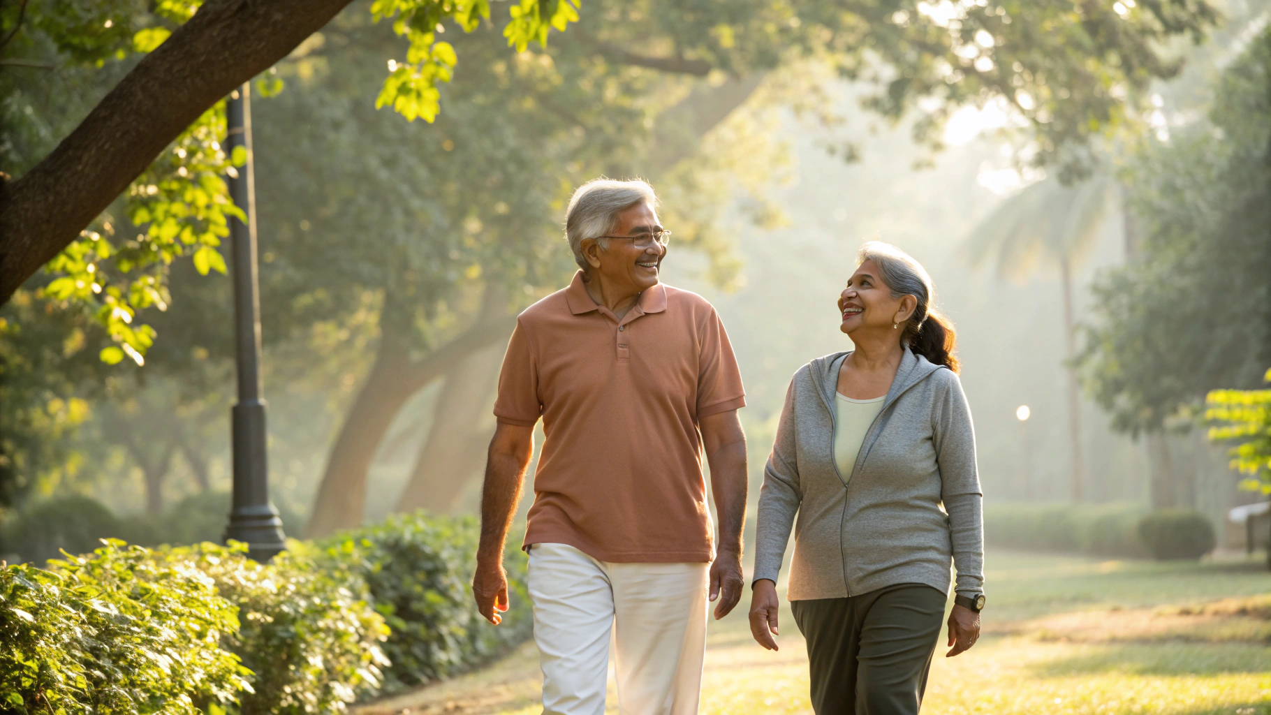 Couple walking confidently in park - healthy living after heart procedure