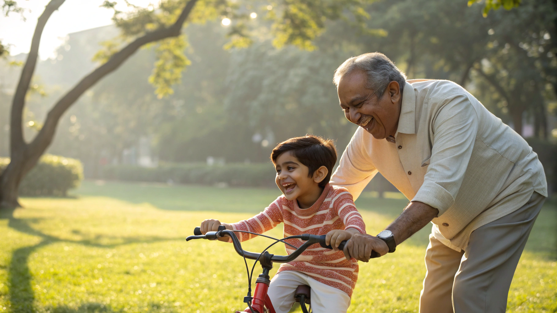 Grandfather teaching grandchild to ride bicycle - life after heart attack