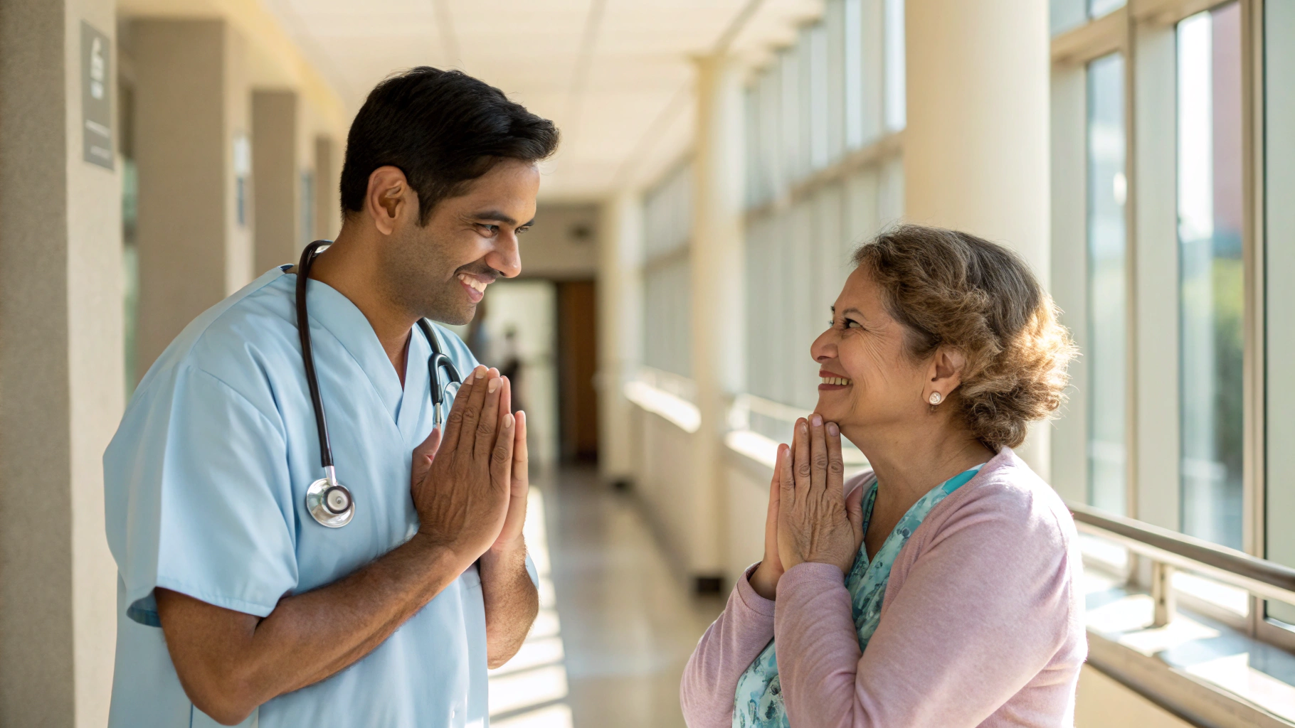 Doctor giving good news to relieved family member after successful procedure