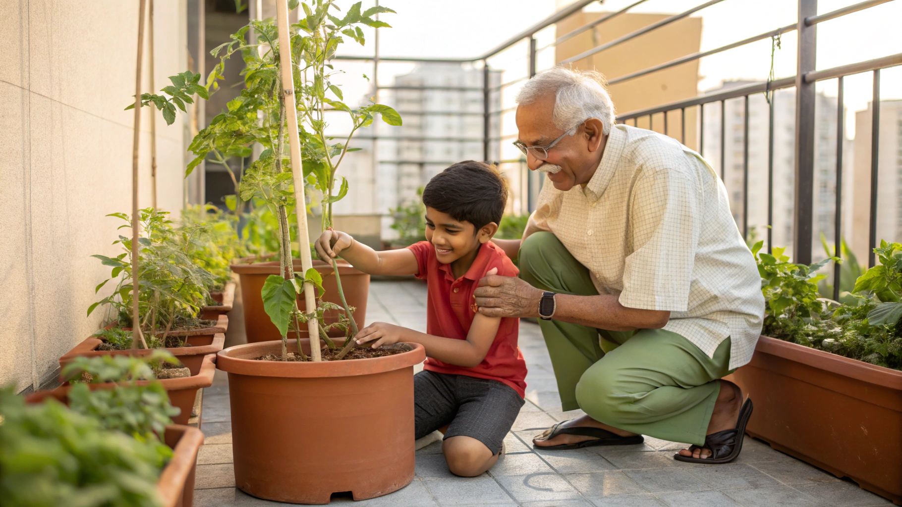 Grandfather teaching grandson gardening - life after heart procedure