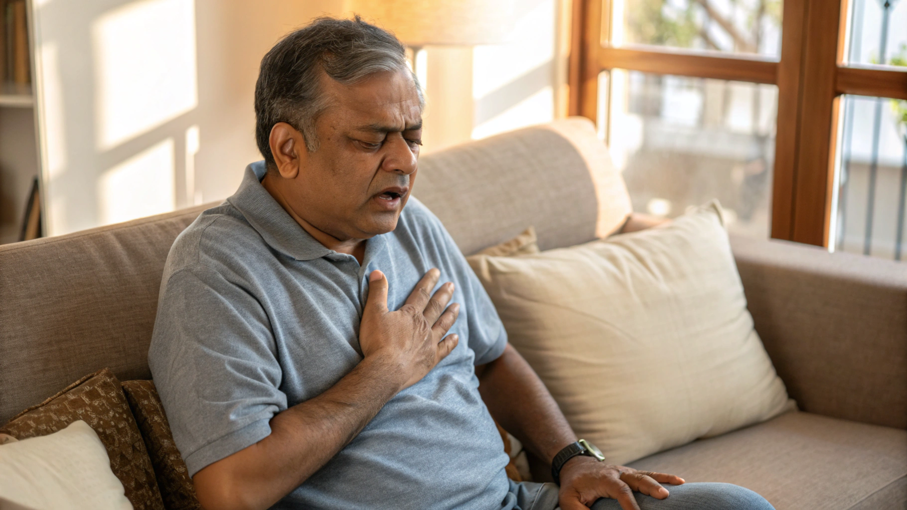 Man experiencing shortness of breath while resting on sofa