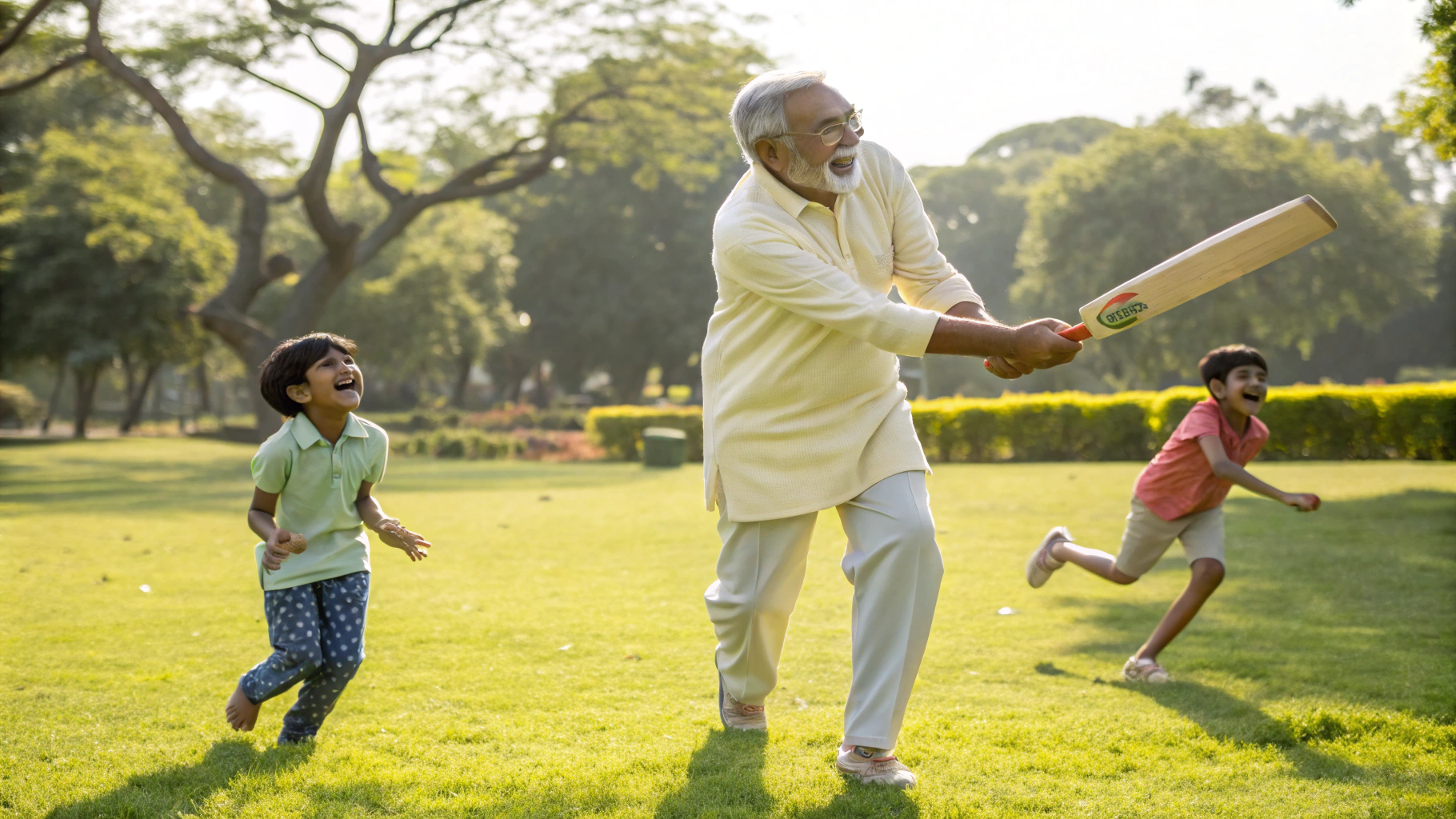 Grandfather playing cricket with grandchildren - life continues fully after stent treatment