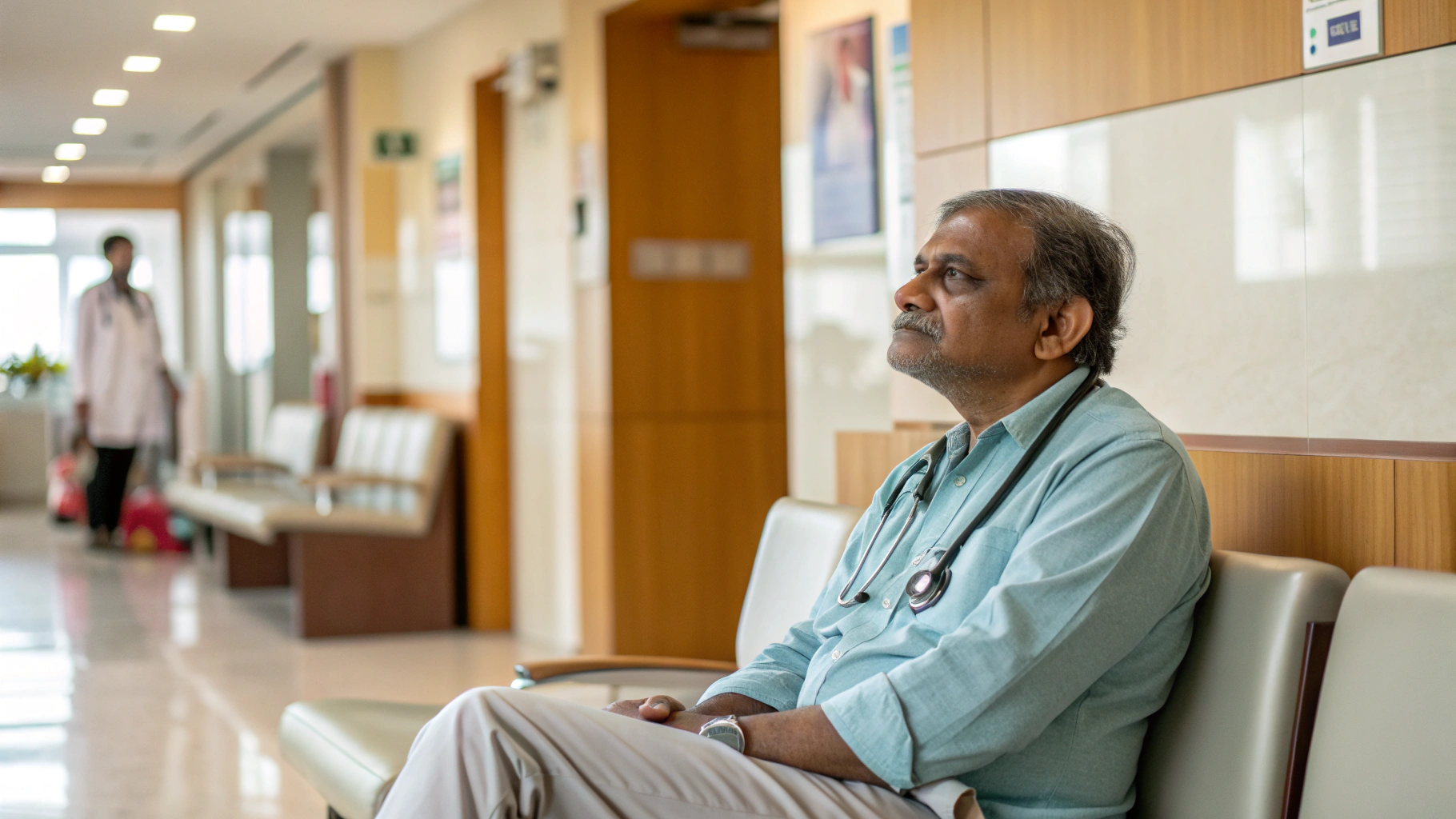 Patient in cardiology clinic waiting room - thoughtful and hopeful