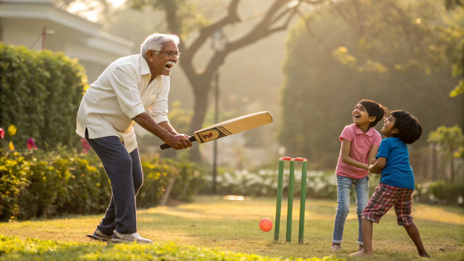 Grandfather playing cricket with grandchildren in garden - active life after valve treatment