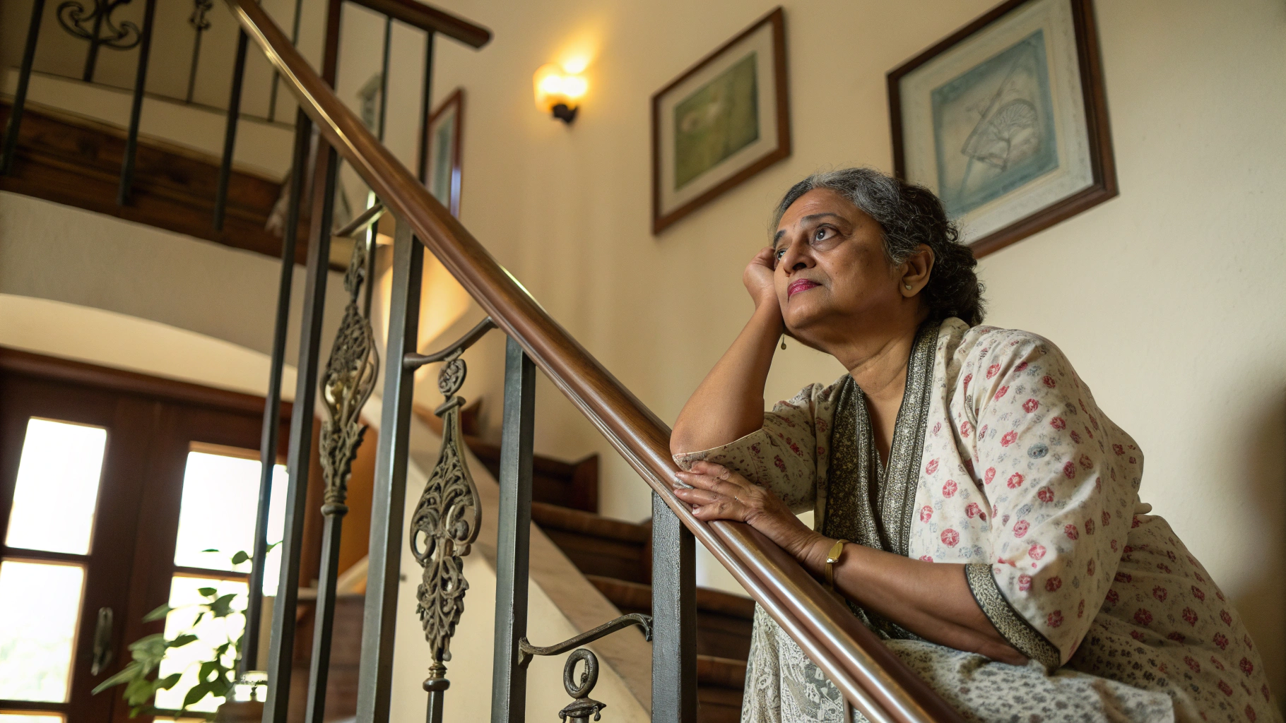 Woman pausing on stairs, experiencing fatigue from valve disease