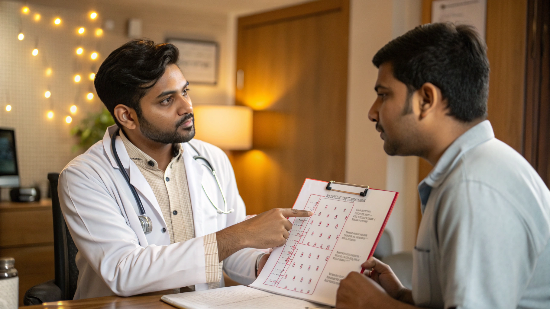 Young Indian man consulting with cardiologist about heart health