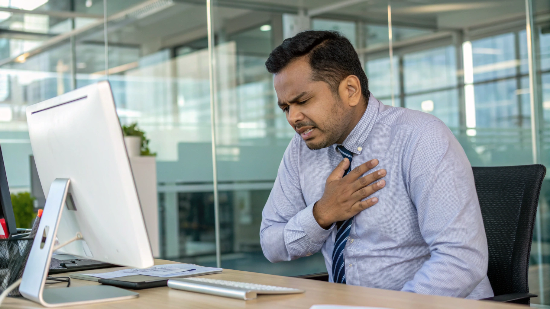 Young Indian professional experiencing unexpected chest discomfort at work